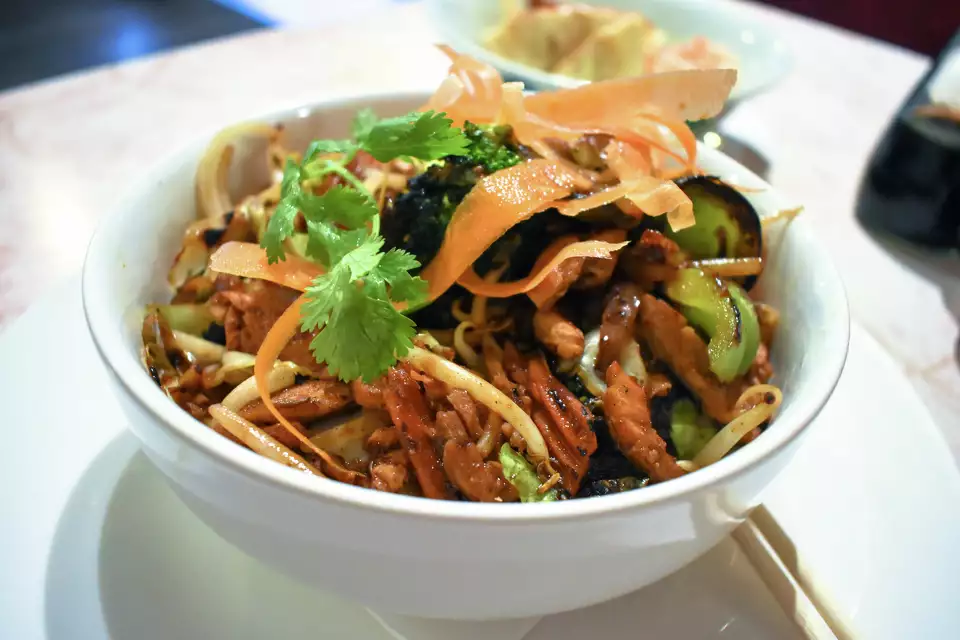 A bowl of chop suey noodles with carrot and cilantro garnish